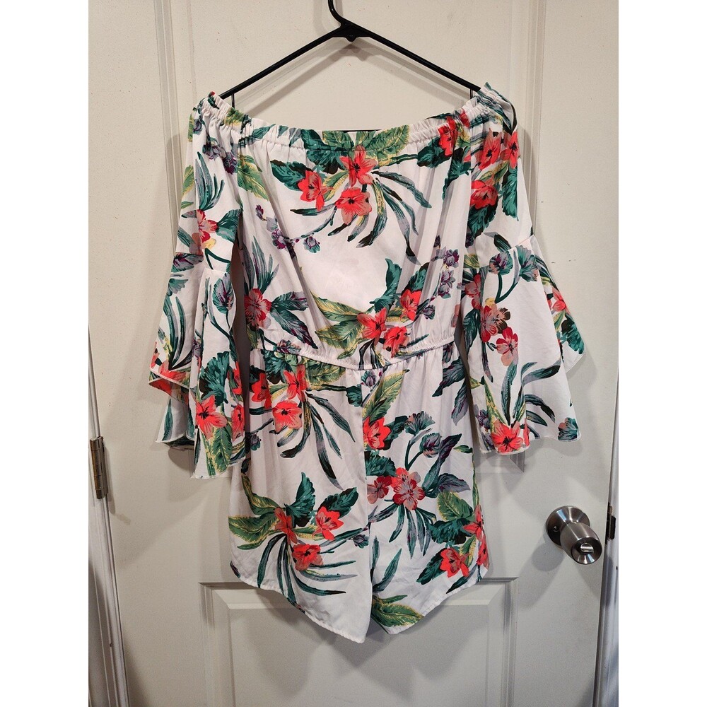 Women's Blush Flutter Sleeves Floral Romper White Pink Green Small - Picture 3 of 6